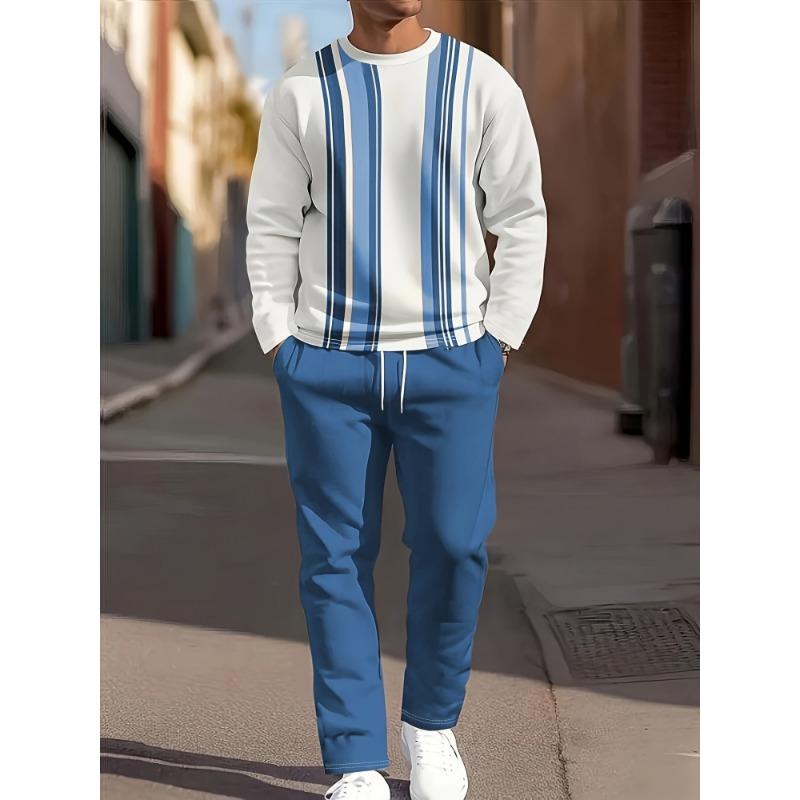 Herbst Freizeit Herren Langarm Set Trendiger Farbverlauf Print Outdoor Rundhals Langarm Oberteil & Lässige Hose Zweiteiliges Set