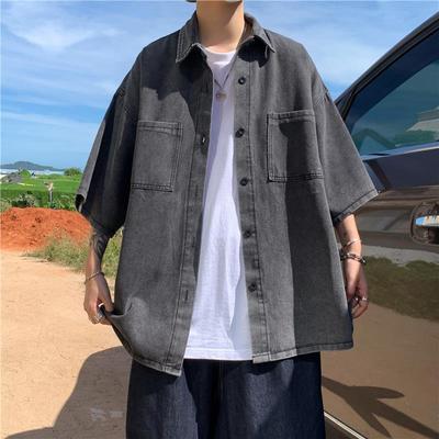 Summer Thin Denim Short-sleeved Shirt Men's Hong Kong Style Jacket Trendy High Street Loose Casual Shirt Large Size Sports Shirt