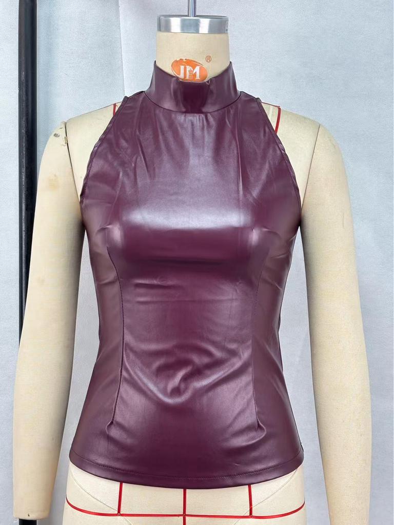 European-American Women's Fashion PU Leather Sleeveless Slim Fit Vest