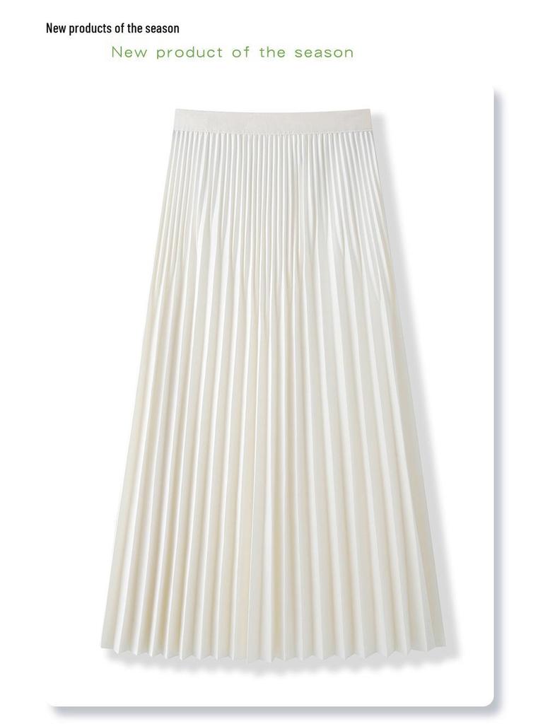 2025 Women's White High-Waist Pleated Midi A-line Skirt