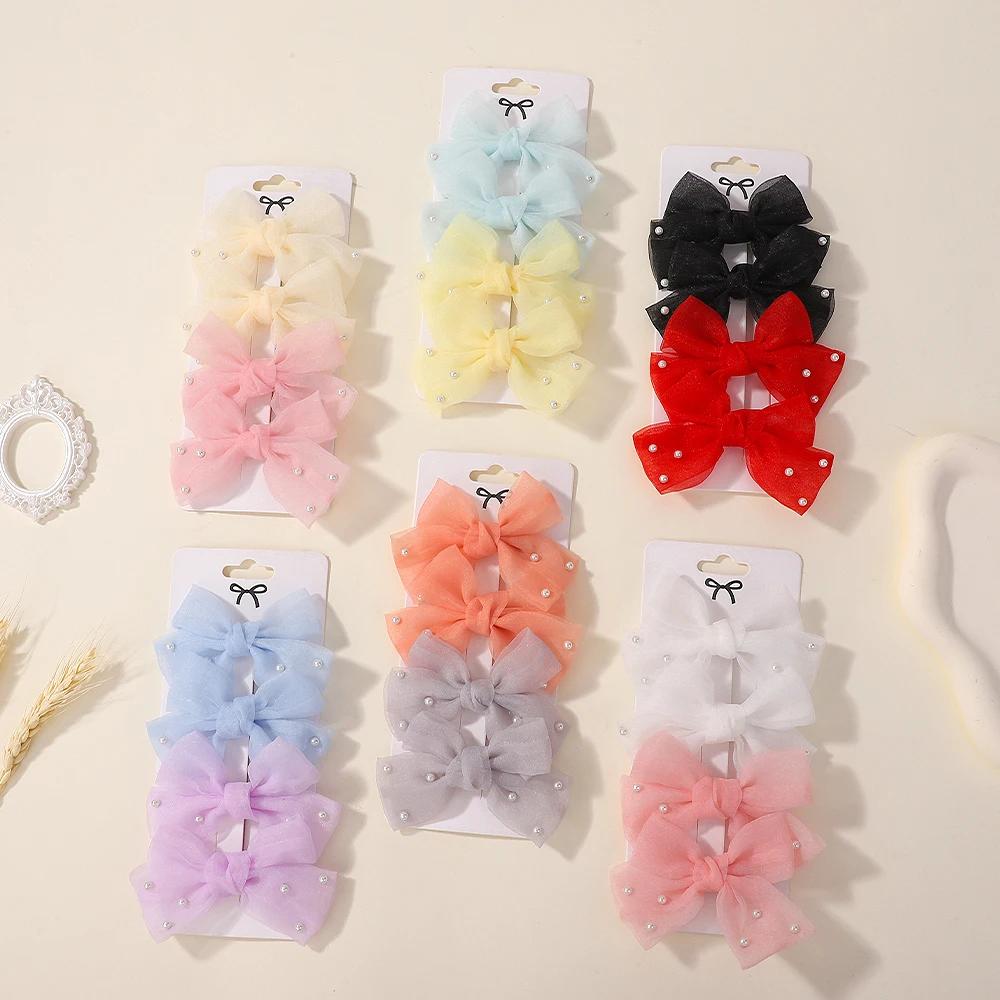 4Pcs/Set Sweet Pearl Bows Hair Clips for Girls Cute Side Clip Solid Color Hairpin Handmade with Bow Hair Accessories Headdress