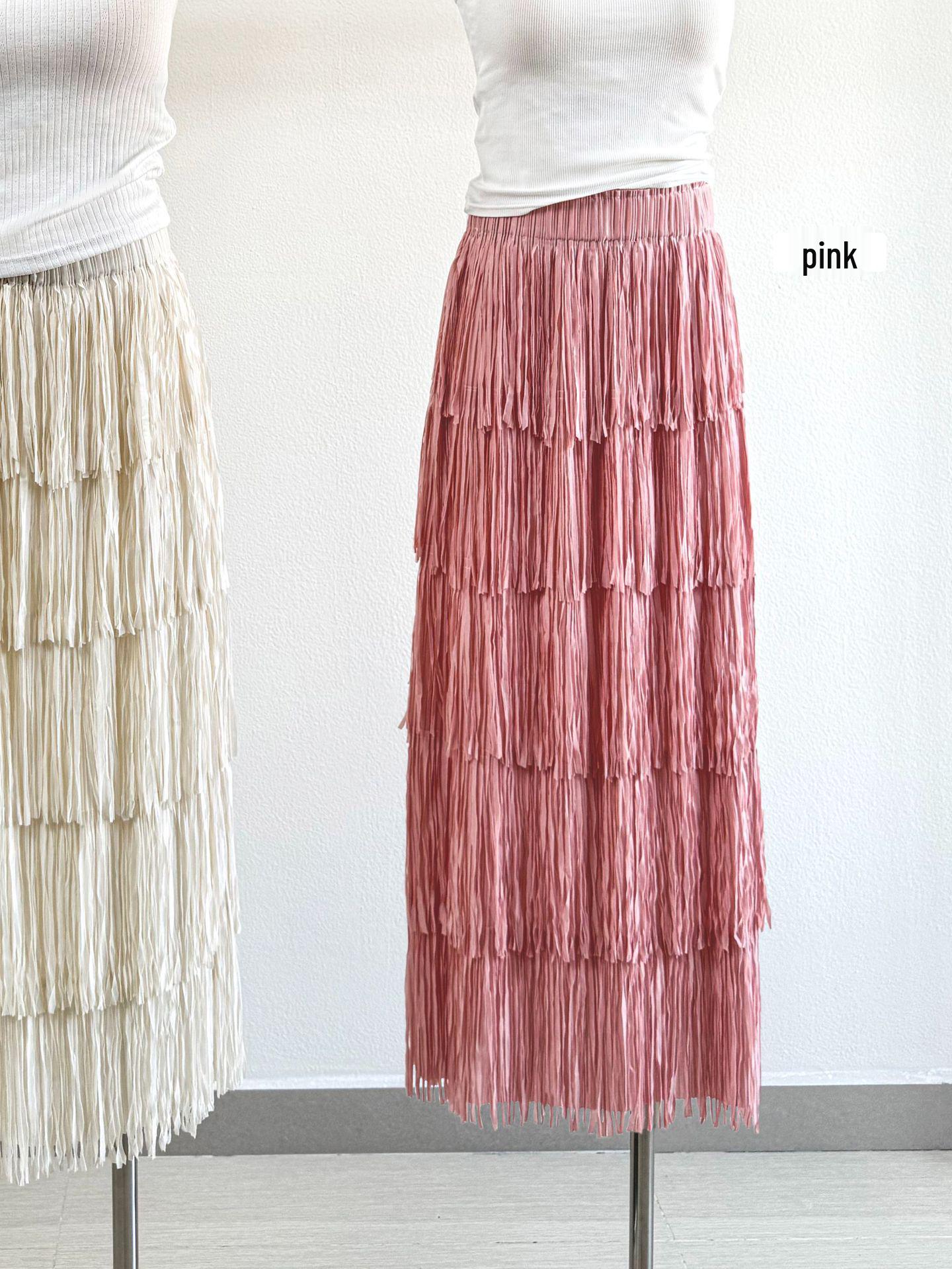 

2026 Spring/Summer Tassel Layered Elastic Waist Mid-Length Skirt One Size