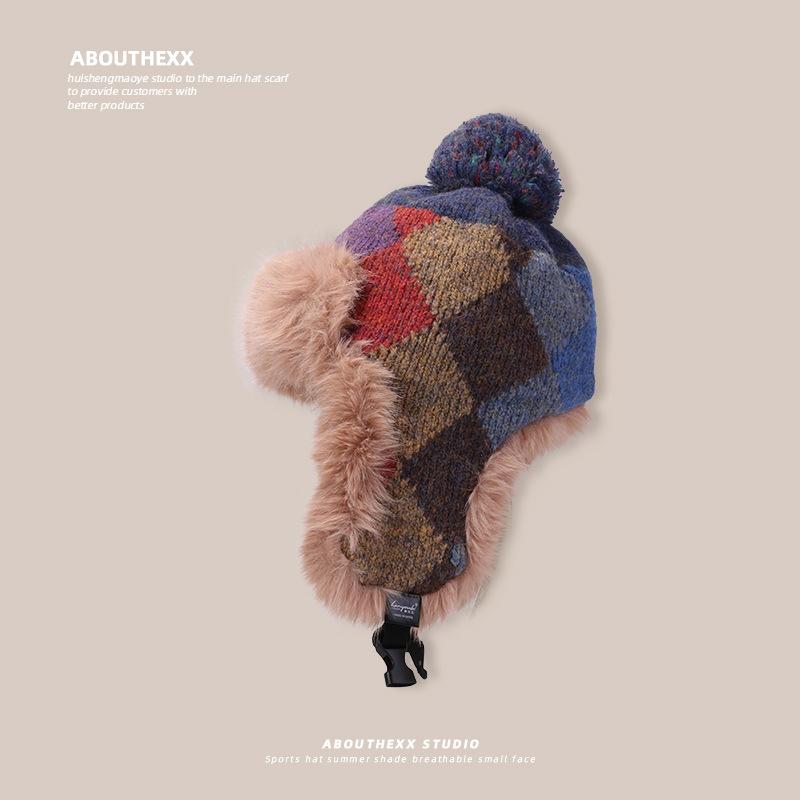 Dopamine Checkered Hat for Women New Winter Woolen Hat with Thick Headband Cold Proof Plush Ear Protecting Lei Feng Hat for Men