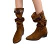 Thick Heel Pointed Head High Folded Tube Pile Boots Women's 0000 New Autumn and Winter Western Cowboy Medium Tube Knight Boots