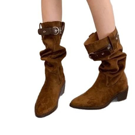 Thick Heel Pointed Head High Folded Tube Pile Boots Women's 0000 New Autumn and Winter Western Cowboy Medium Tube Knight Boots