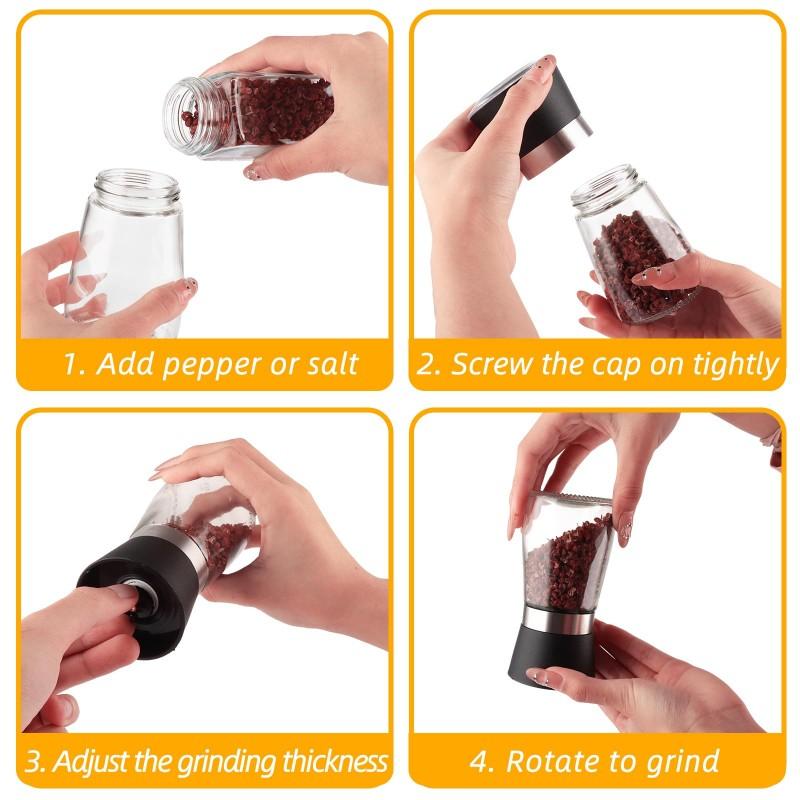 New Pepper Grinder Durable Glass Body Premium Stainless Steel Salt Grinder Adjustable Coarseness Handheld Spice Mill Pepper Mill