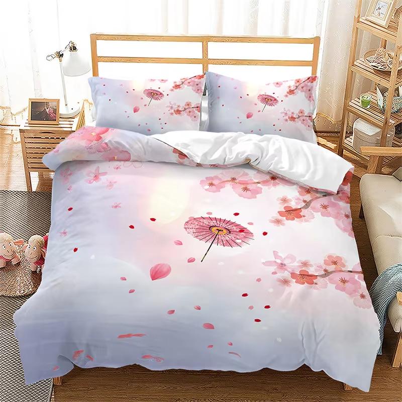 Pale Pink Floral Duvet Cover Japanese Cherry Blossoms Theme Bedding Set Microfiber Spring Scenery Quilt Cover Queen For Girl Boy