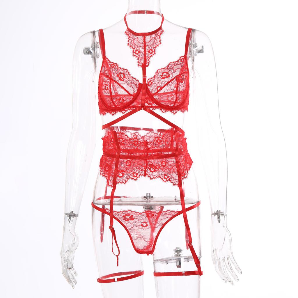 Aduloty Unterwäsche Sexy Dessous 3-teilig Transparent BH Spitzenanzug Sexy Strumpfgürtel mit Strümpfen Frau Erotik Intim