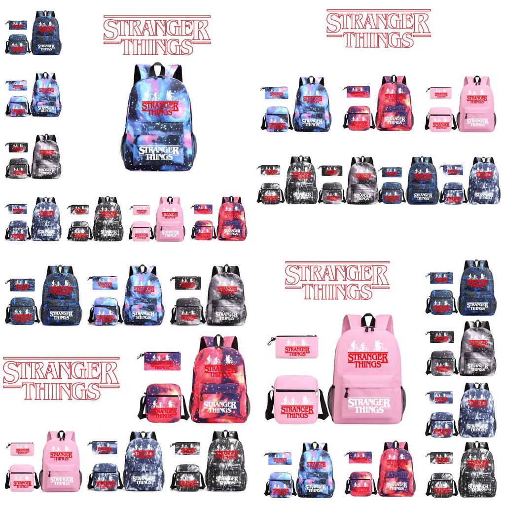 Stylish Stranger Things Canvas Backpack Set Includes Shoulder Bag And Pencil Case Perfect For Casual Travel