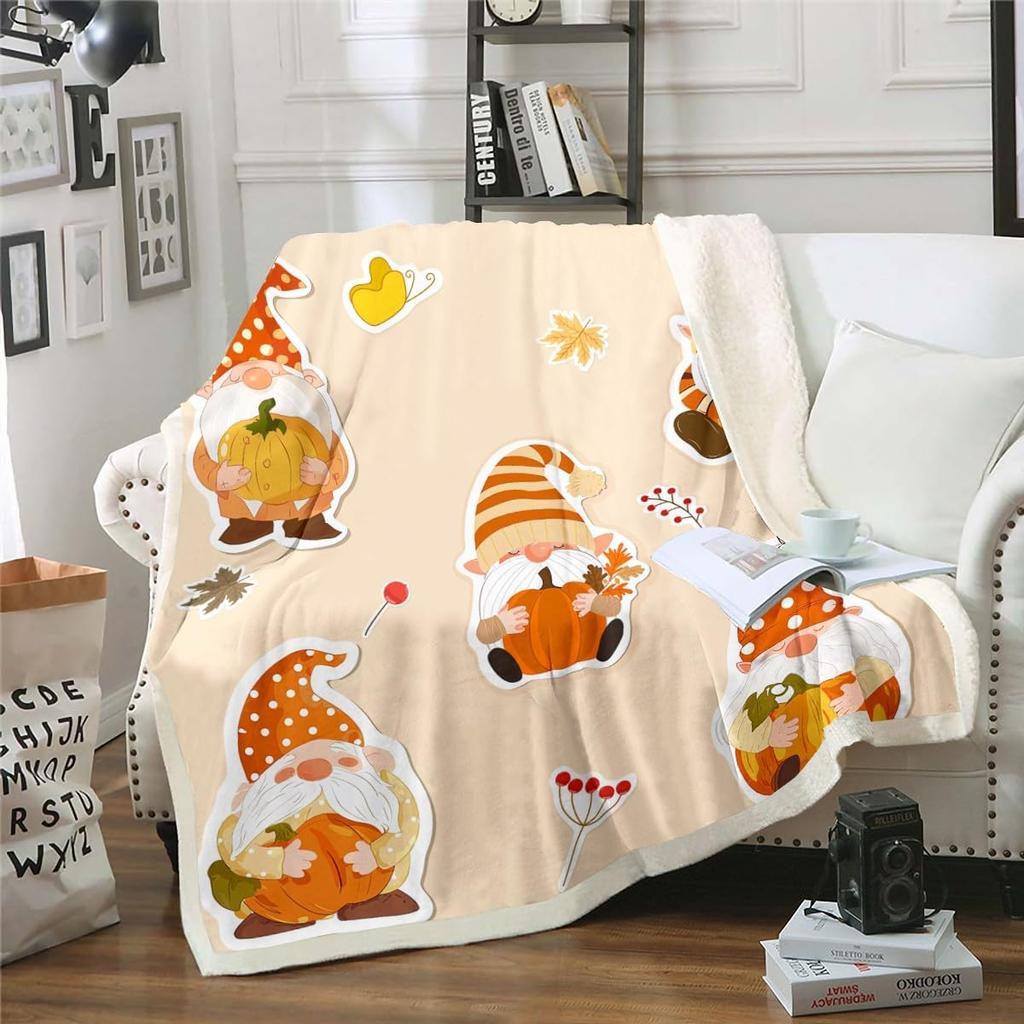 Boys Thanksgiving Gnome Throw Blanket Fall Maple Leaf Flannel Blanket,Pumpkin Farm Harvest Fleece Blanket Rustic Farmhouse Decor