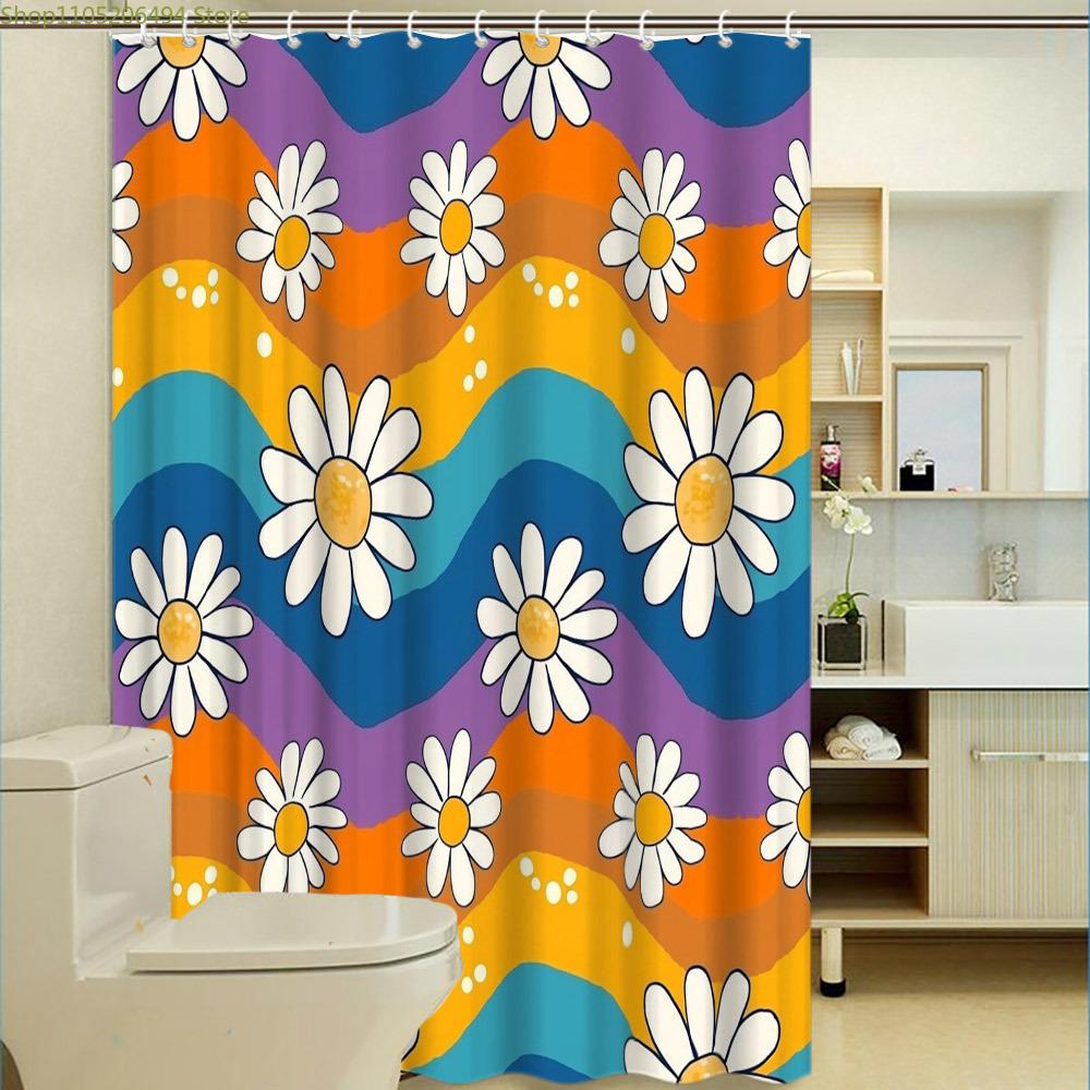 1pc Retro Daisy Shower Curtain with Colorful Wavy Stripes – 1960s Pop Art Style Bathroom Decor, Durable Polyester Fabric, 12 H
