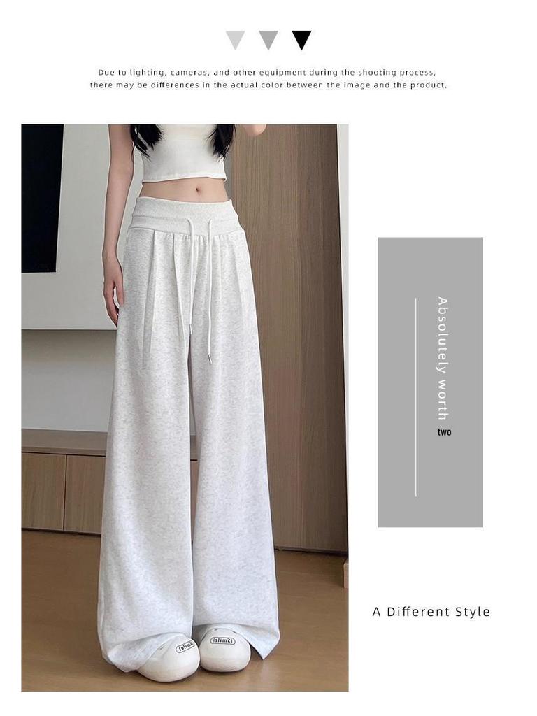 Women's White-Gray Low-Waist Wide-Leg Sweatpants - Petite, Casual, Autumn Drape