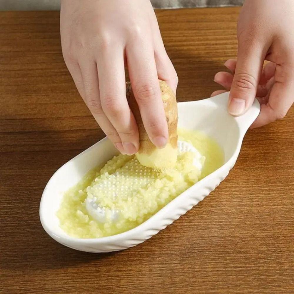 White Food Hand Grinder with Brush Kitchen Garlic Masher Convenient Porcelain Grater Plate Cooking