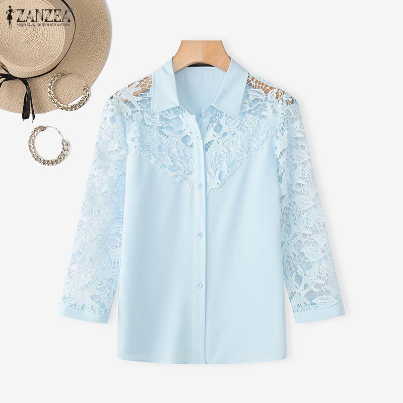 ZANZEA Women Casual Turn Down Collar Hollow Crochet Splice 3/4 Sleeve Blouse