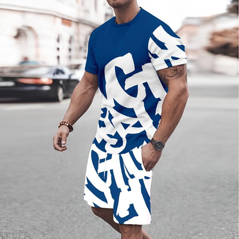 New men's summer trend big font print comfortable and breathable round neck T-shirt shorts set outdoor casual wear