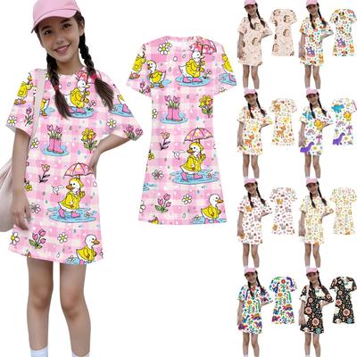 Girls Print Casual Dress Kids Loose Round Neck Short Sleeve Thin Sundress