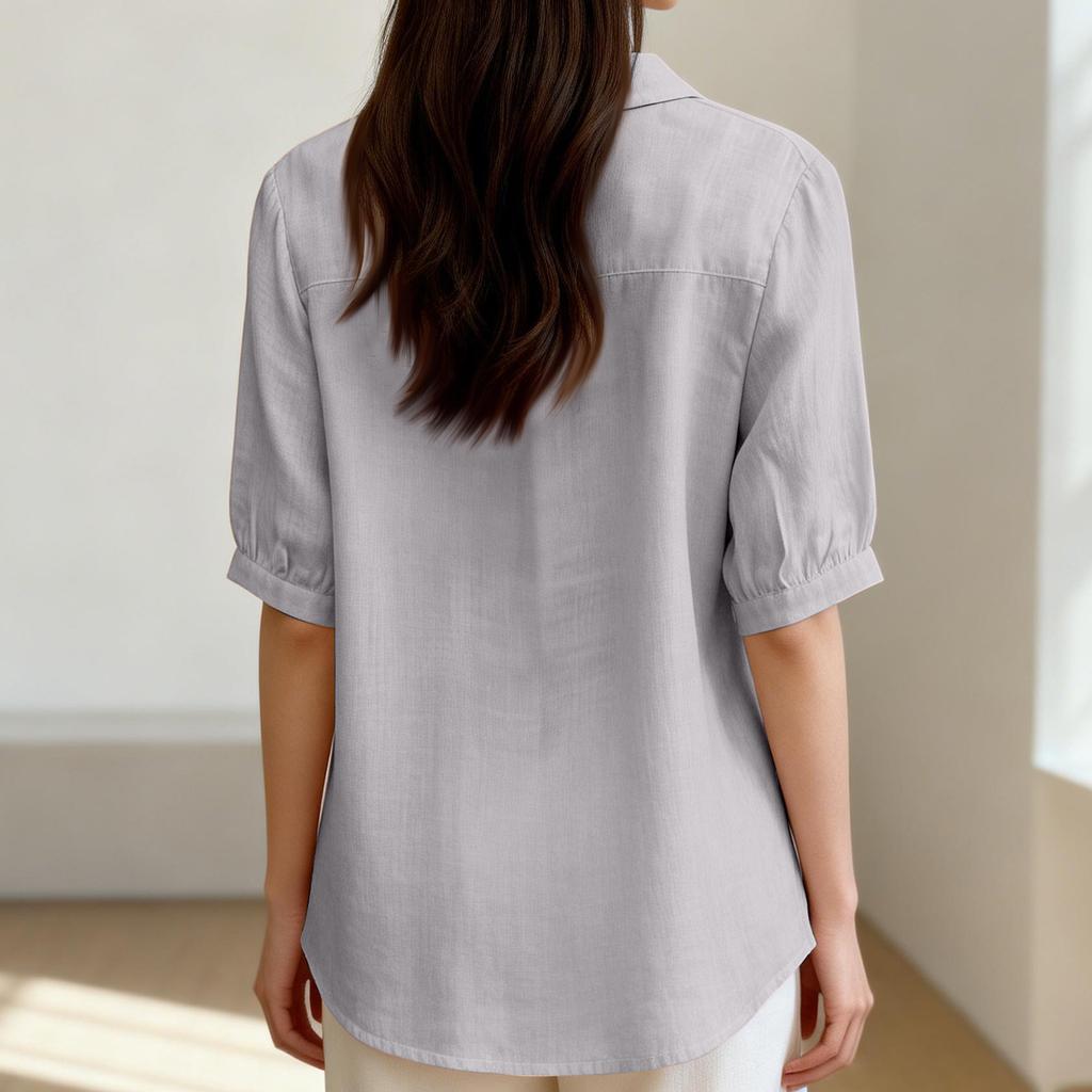 Fashionable Women's Loose Cotton And Linen Retro Collar Color Shirt, Short Sleeve