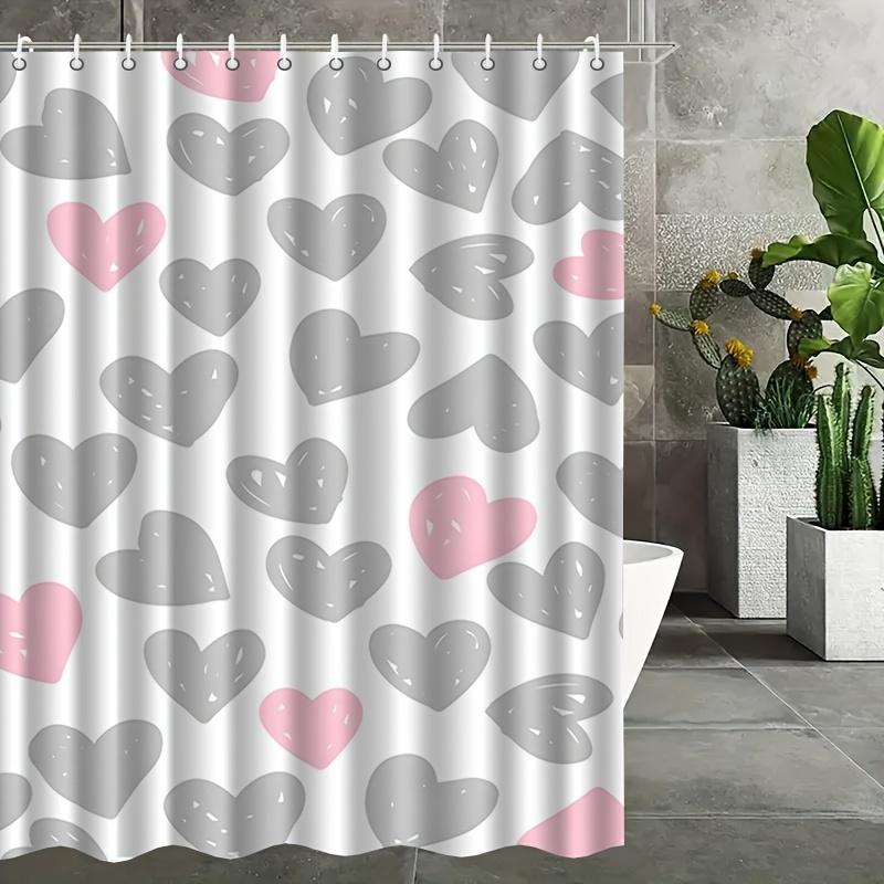 1pc Grayish pink heart-patterned shower curtain, polyester fabric, machine washable, with hooks, suitable for bathroom décor.