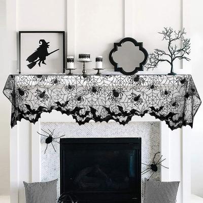 Halloween Tablecloth Decoration Black Lace Table Runner Round Spider Cobweb
