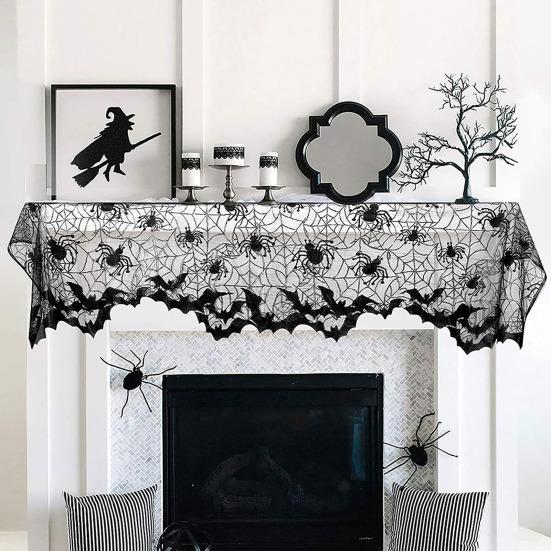 Halloween Tablecloth Decoration Black Lace Table Runner Round Spider Cobweb Table Cover Fireplace Mantel Scarf Lampshade Bat Wall Stickers for