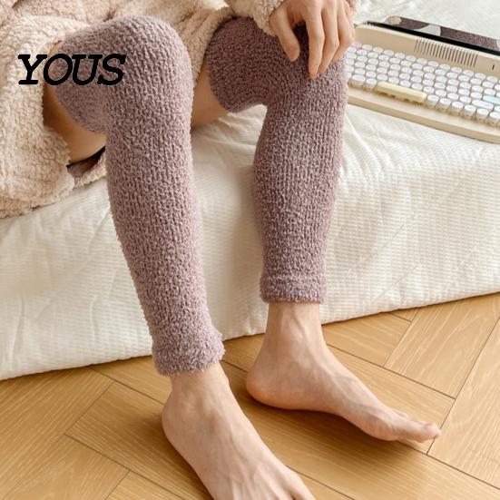 Thickened Velvet Calf Sleeves Coral Fleece Leg Warmers for Women, Winter Thermal Knee High Warm Protectors Socks, Striped/Solid Color, Soft