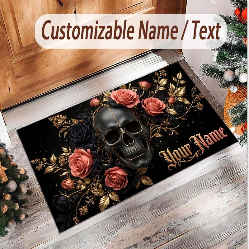 Tappeto Morbido in Velluto di Cristallo Tema Gotico Teschio Stampa Personalizzata Nome e Testo Tappeto Antiscivolo per Camera da Letto Soggiorno