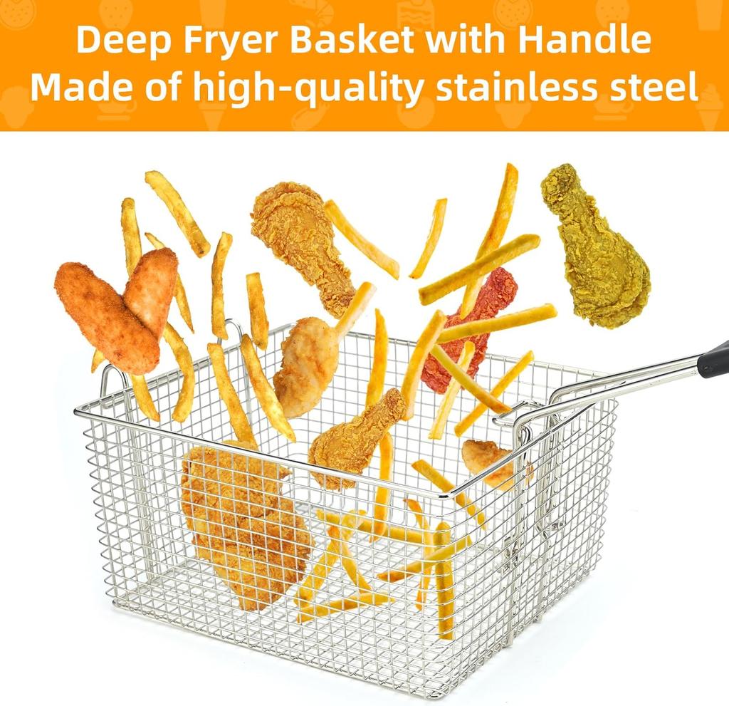 Basket for Frying Serving Food, with Rubber Handle Grip, 7.2" x 8.3" x 4.3" Heavy Duty Construction Suitable for