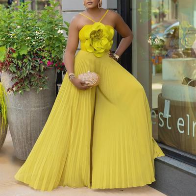 Damen Sommer Jumpsuit mit Neckholder und 3D-Blume, einfarbig, weites Bein, Übergröße, europäischer und amerikanischer Stil