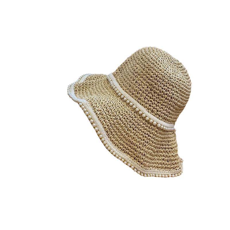 

Versatile Style Hat Straw Woven Sweet Pearls Adorn Elegant Hatscaps Fishermen бежевий