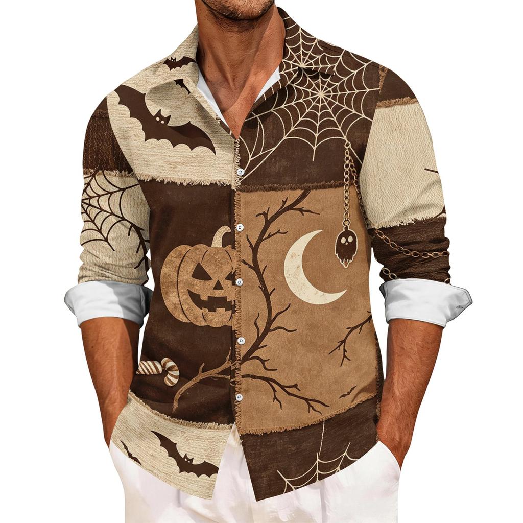 Men's Casual Long Sleeve Button Down Shirt Halloween Print Patchwork Design Lightweight Breathable Fabric Relaxed Fit