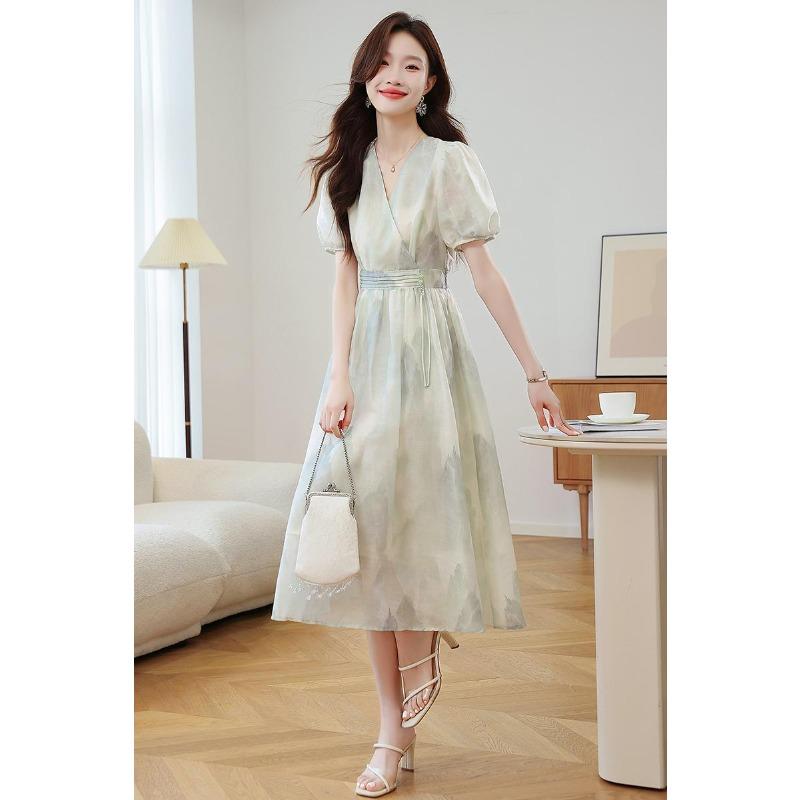 Fashion High Waist Summer Dress Floral Print Chinese Style Midi Short Sleeve