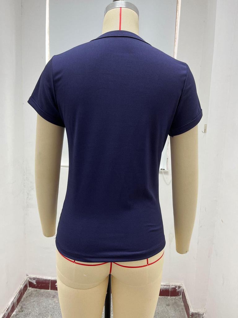2024 Women's European American Ribbed Slim Fit Sports Top, Solid Color Short Sleeve T-shirt