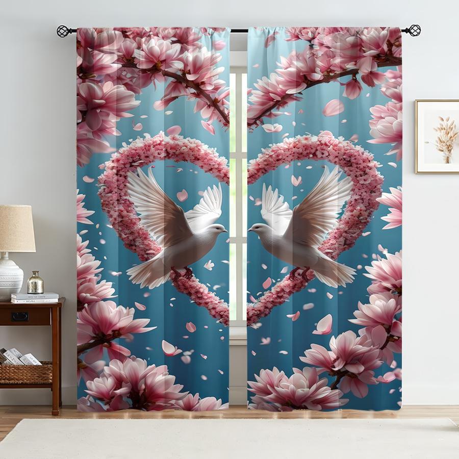 2PCS blue background pink flower white dove curtain   romantic spring view   bedroom and living room   drawbar pocket style
