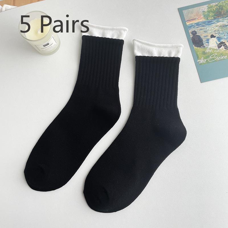 5 Pairs of Female Autumn Patchwork Double Candy Color Mid Tube Socks