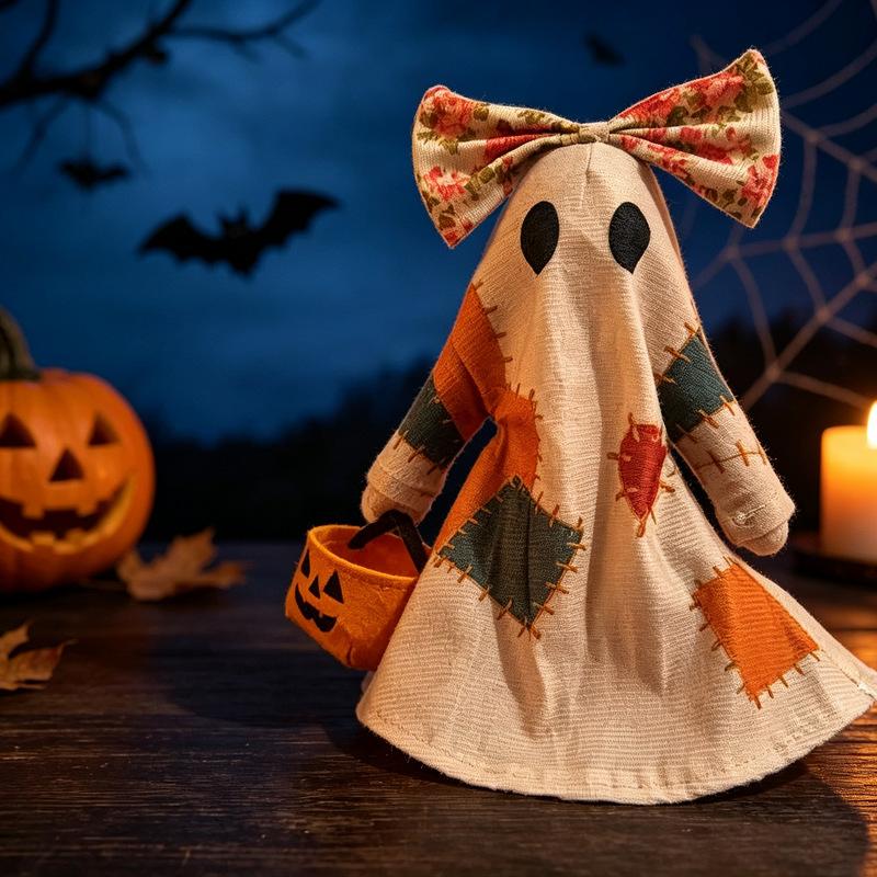 Halloween Fabric Ghost Figurine, Cute Bow-shaped Pumpkin Bucket Decoration, Creative Table Setting Accessory
