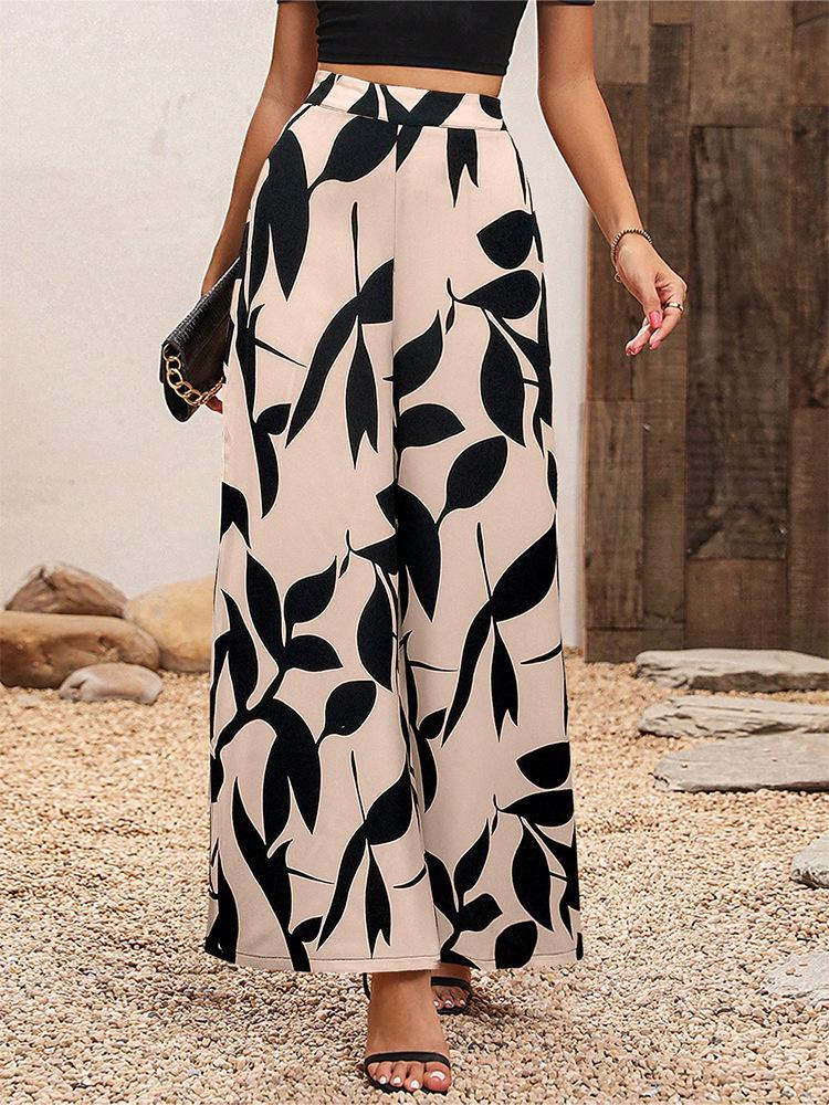 Women's 2026 Summer Chiffon Leaf Print High Waist Wide Leg Pants