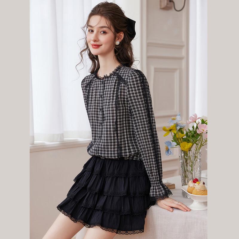 Women's Lace Patchwork Plaid Blouse