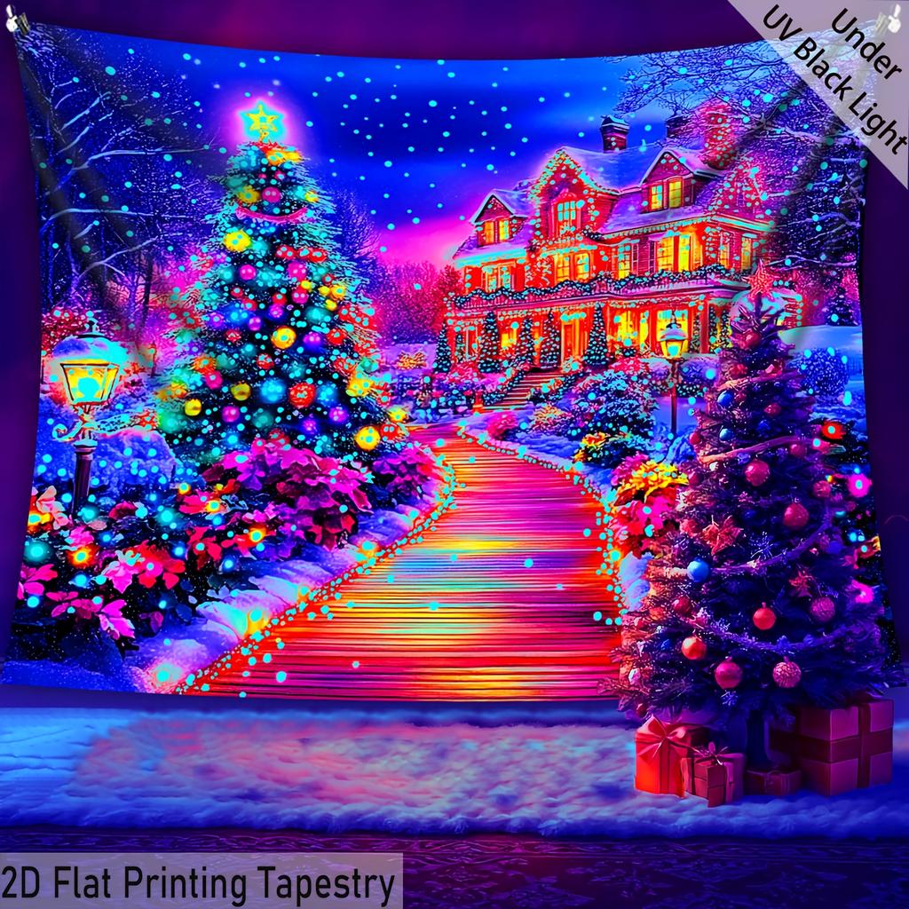 Christmas Fairy Tale Castle Street Fluorescent Tapestry Outer Space UV BlackLight Tapestry, Wall Hanging For Living Room Bedroom Office Home Decor