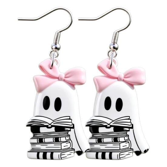 Polished Acrylic Charms Cute Reading Ghost Earrings, Sweet Bowknot Drop Dangle Earrings Lightweight Halloween Jewelry for Women Girls Fashionable