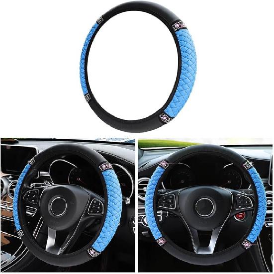 Bling Soft Leather Steering Wheel Cover, 15 Inch Colorful Rhinestones Auto Elastic Steering Wheel Protector, Sparkly Crystal Diamond For Women Girls,