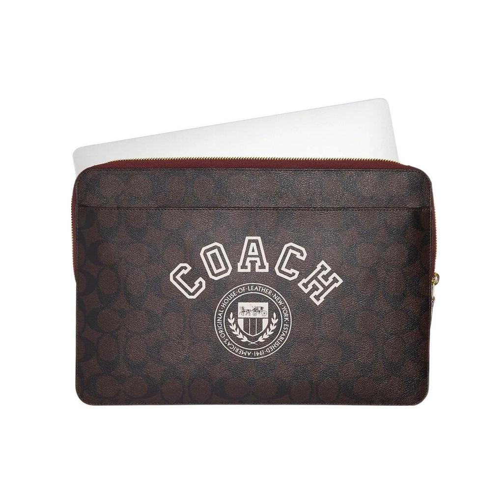 Coach Brown Signature Canvas Laptop Sleeve with Varsity Logo Print & Gold Hardware for Daily Work & Travel Use