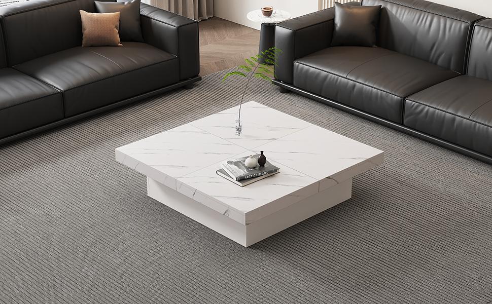 Table Basse Carrée Blanche Moderne Aspect Marbre, 90 x 90 x 25 cm – Quatre Tiroirs, Plateau Coulissant, Capacité de Charge jusqu'à 30 kg