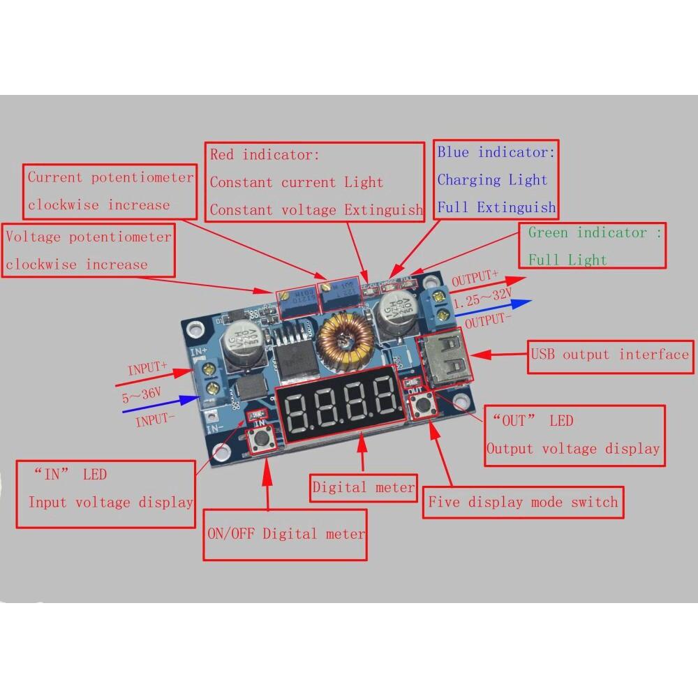DC-DC 5A Digital LED Drive Lithum Battery Charger Module CC/CV USB Step Down Buck Converter With Voltmeter Ammeter