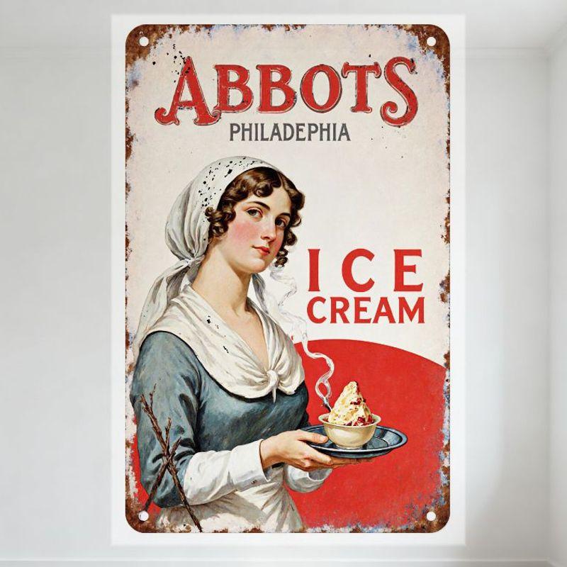 Винтажная металлическая табличка  ABBOTS PHILADELPHIA ICE CREAM  Женщина с мороженым, одежда эпохи, деревенский настенный декор для домашнего бара, паба 8x12 20x30cm（7.8x11.8inch）