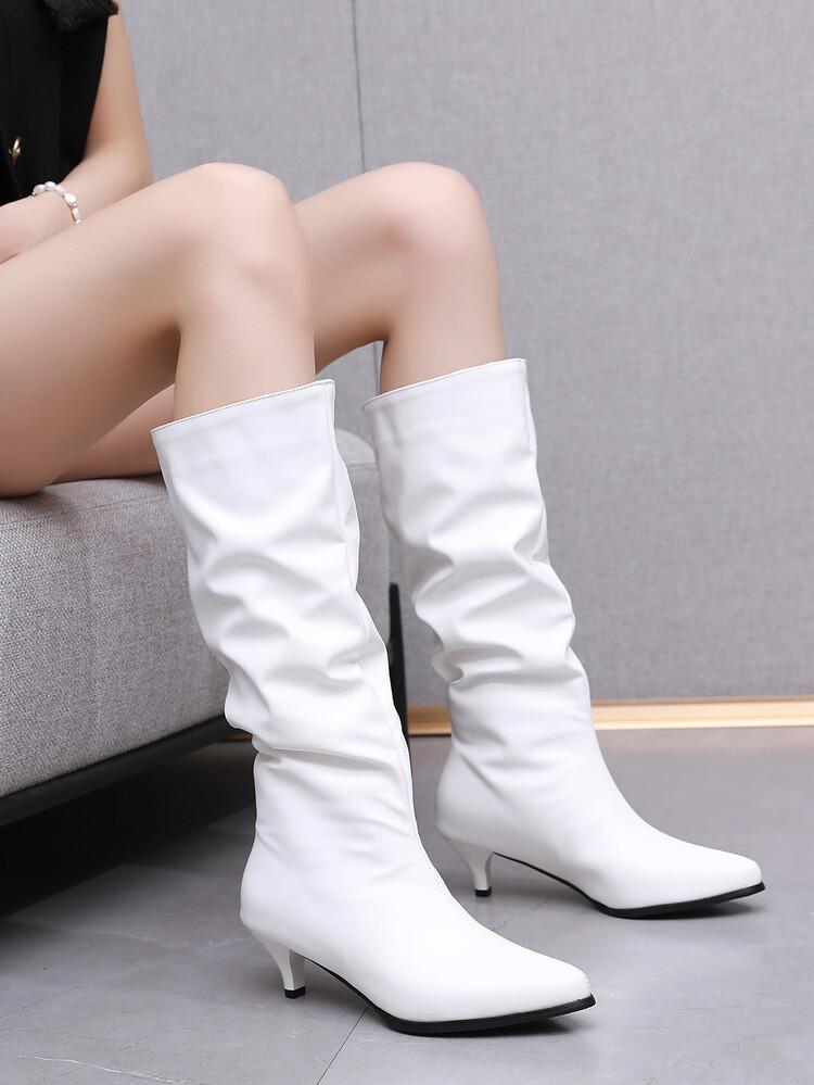 Low Heel High Leather Boots Foreign Trade European and American Folded Boots Women's Shoes Large Size Women's Boots Women's Knee Boots Solid Color