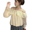 Off-the-shoulder Shirring Women's Shirt Strap with Round Beads Ruffle Edge Lantern Sleeve Blouse Spring New version Sweet Woman Top