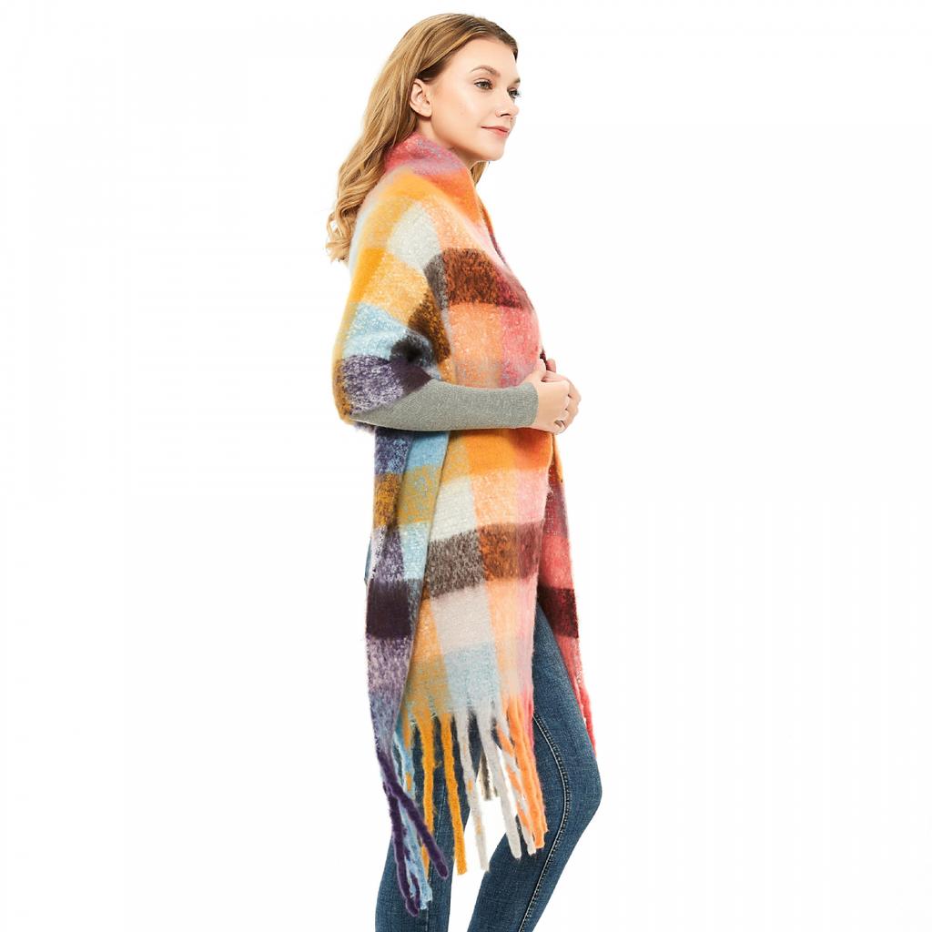 Outono Inverno Grosso Borla Cor Xadrez Cachecol Xale Feminino