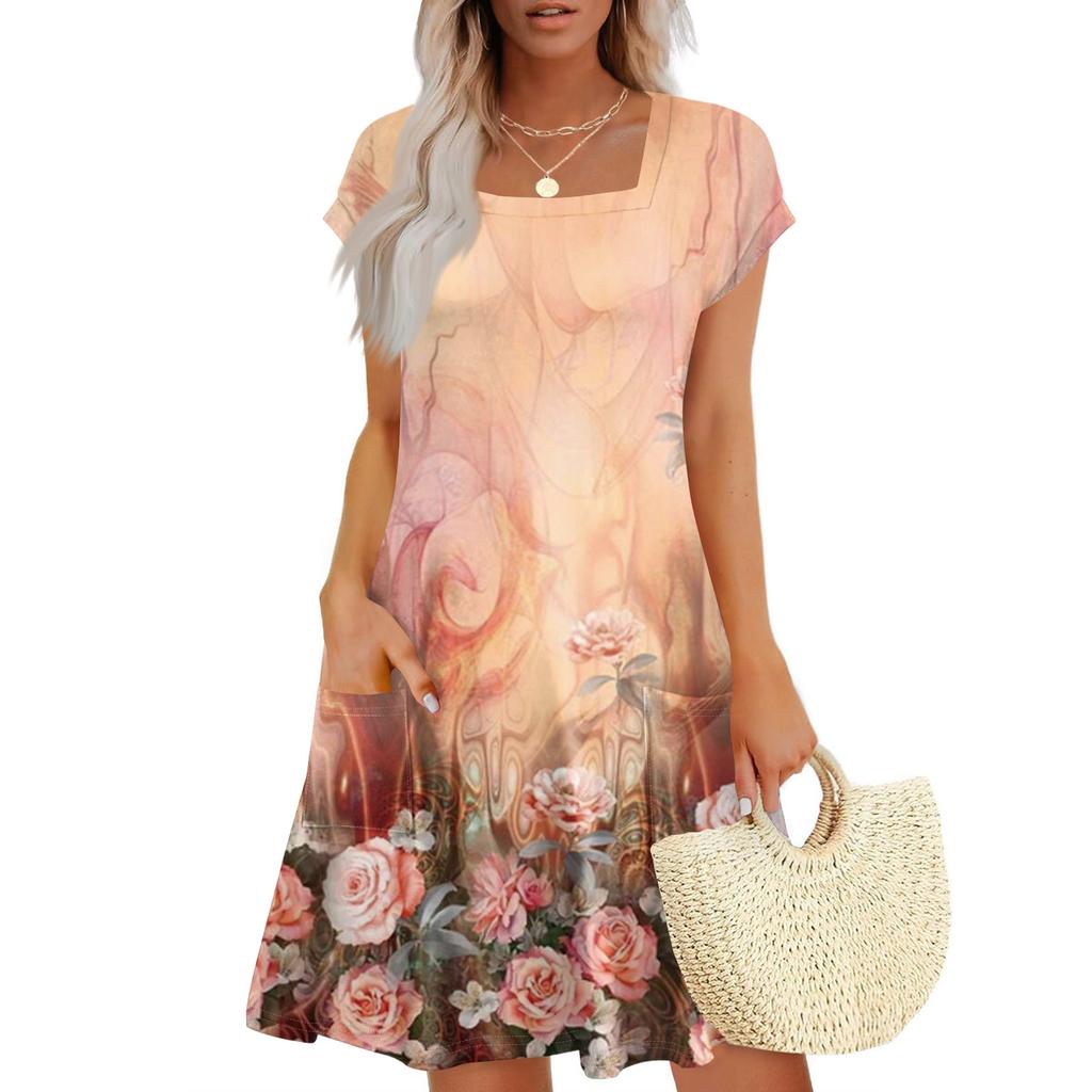 Summer Dresses For Women Loose Square Neck Cap Sleeve Casual Beach Vacation Tshirt Dress Sundresses With Pockets