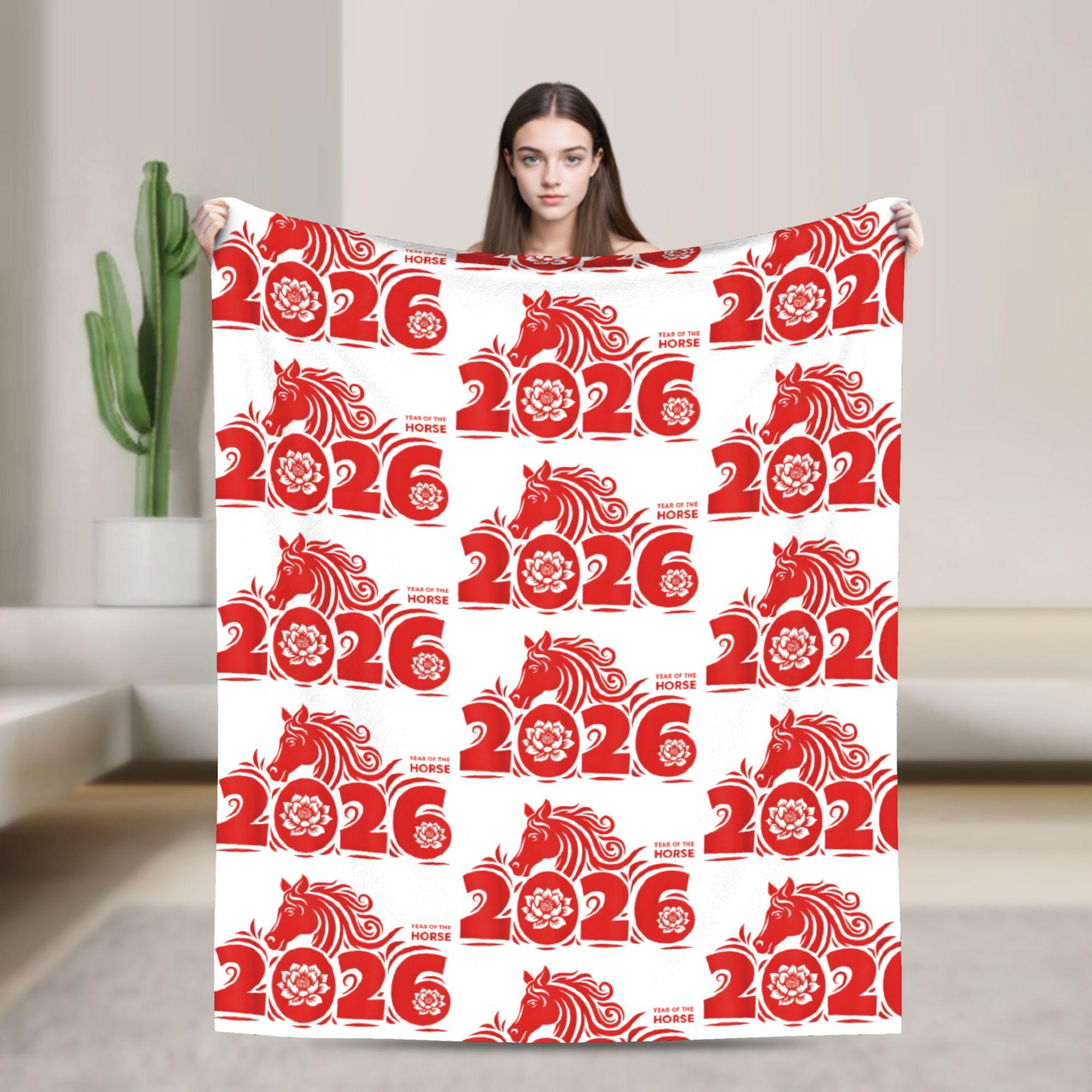 Year of the Horse Chinese New Year Blanket Wool Throw Blanket Bedroom Sofa Personalised Ultra-Soft Warm Bedsprea, 75X95CM