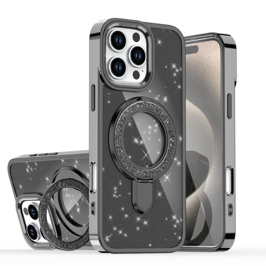 Luxury Glitter Metal Stand Magnetic Wireless Charging Clear Case For iPhone 16 15 14 Plus 13 12 17 Pro Max 17Air Magsafe Cover